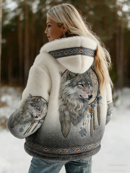 Back view on a model outdoors, the fluffy hooded jacket fading from white to grey 2