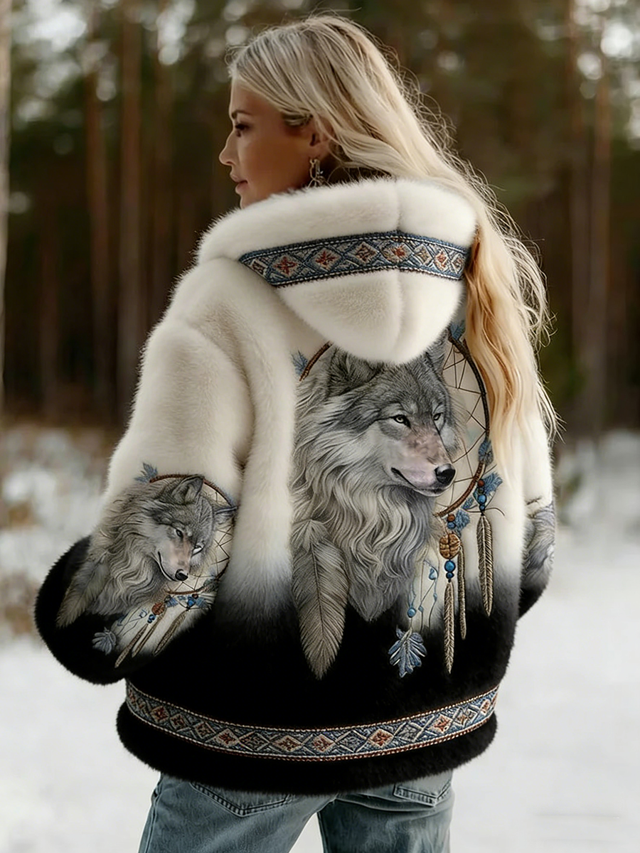 Back view on a model in the snow, hooded jacket with white fading into black at the hem 3