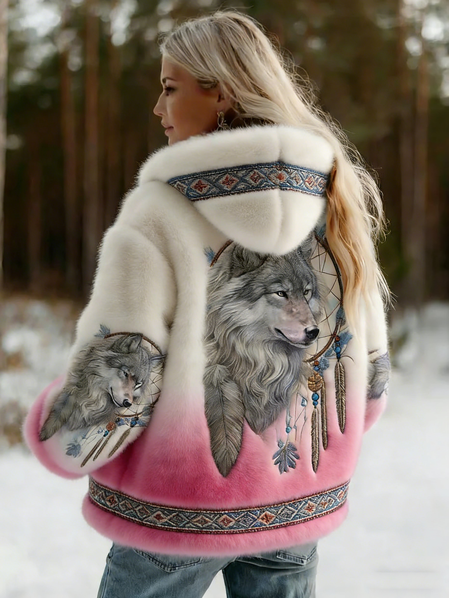 Back view on a model, white fluffy hooded jacket fading into pink at the hem and cuffs 4