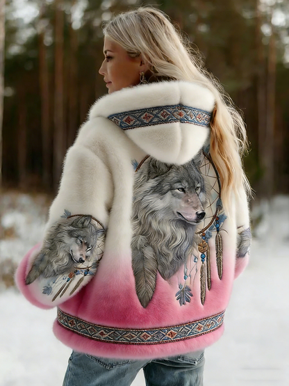Back view on a model, white fluffy hooded jacket fading into pink at the hem and cuffs 4