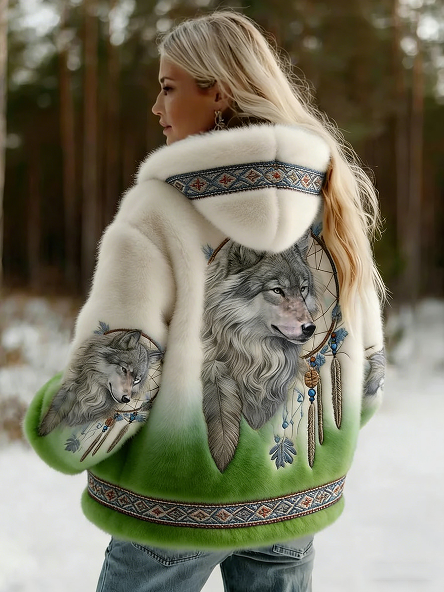 Back view on a model, white fluffy hooded jacket fading into green at the hem and cuffs 5