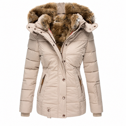 Beige quilted parka with fur-lined hood and zipped waist pockets, shown unworn against white 3