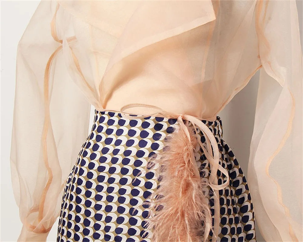 Two-piece chiffon autumn outfit with belt and skirt – Maurelle