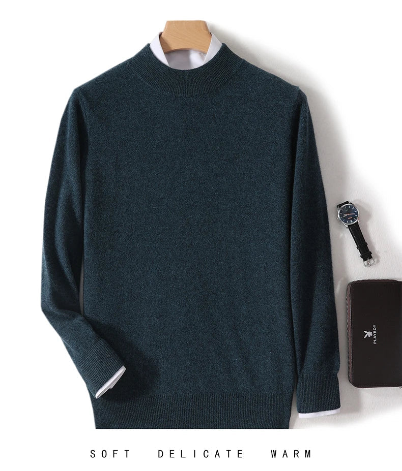 Dark teal green mock neck jumper on a hanger with white shirt underneath, watch and wallet 13