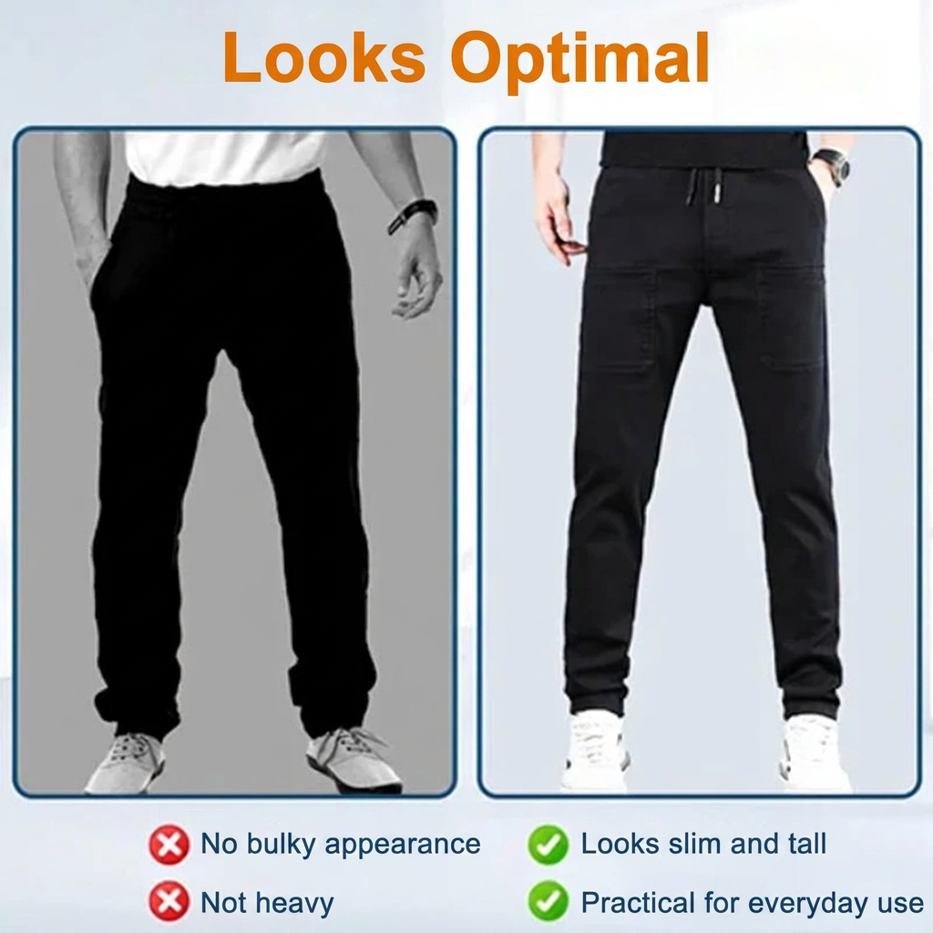 Side-by-side comparison of baggy black trousers and the slimmer-fitting black cargo trousers, with tick and cross icons 18