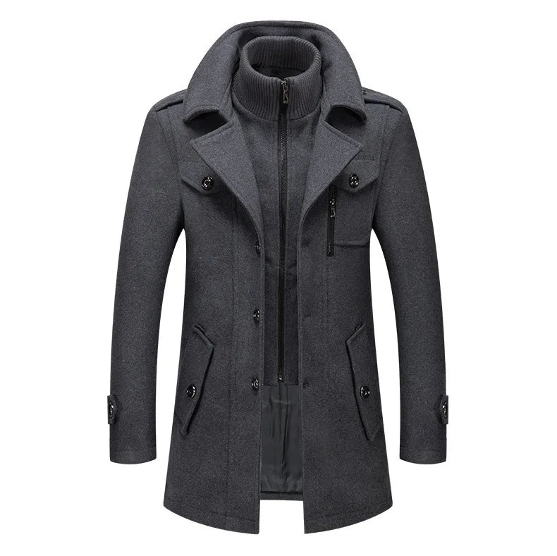 Grey overcoat shown from the front, with zipped knitted inner collar and angled flap pockets 13