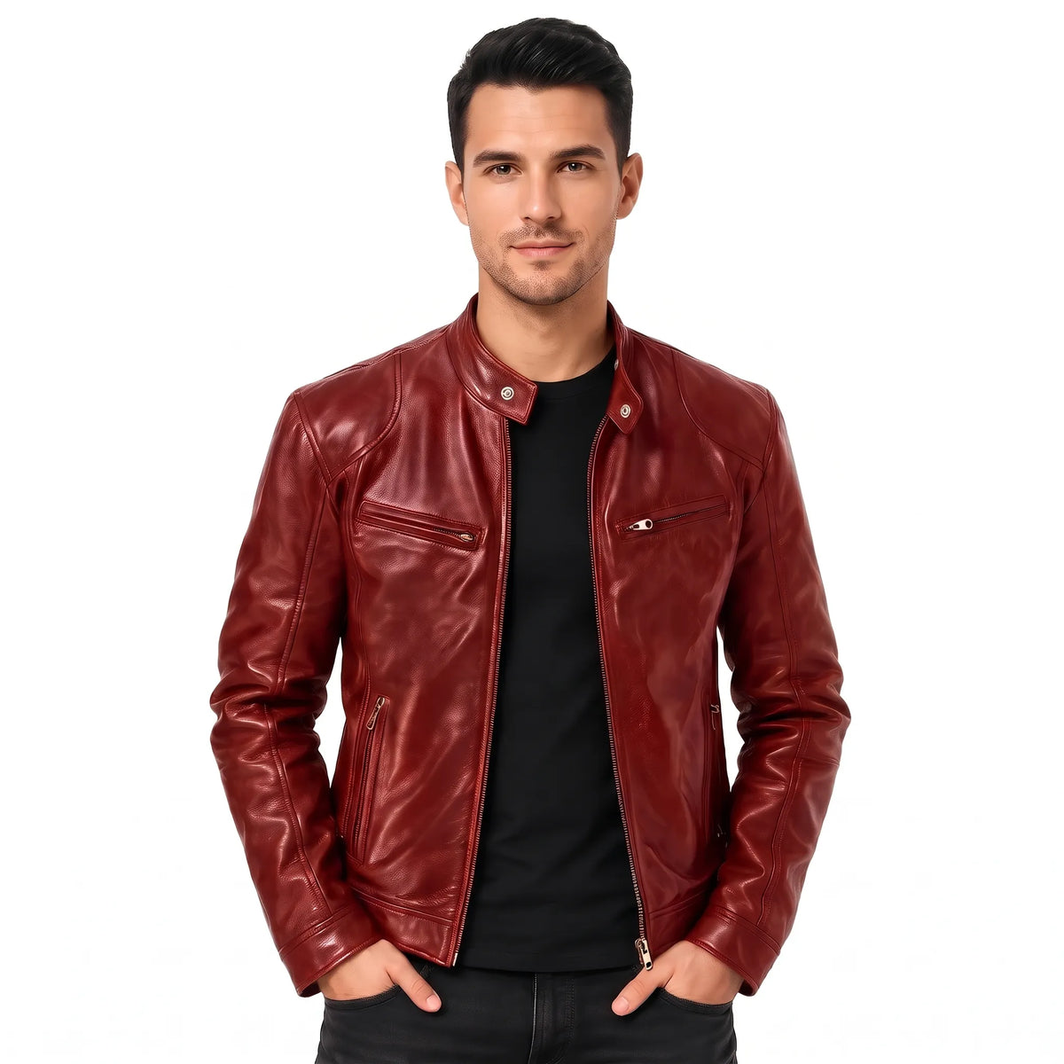 Model in a deep red leather biker jacket over a black t-shirt, smiling slightly 13