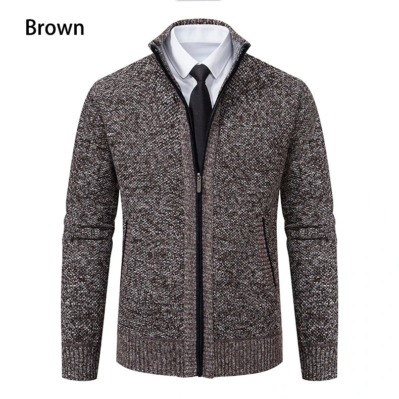 Front view of the brown marl zip cardigan with a stand collar and black zip 13