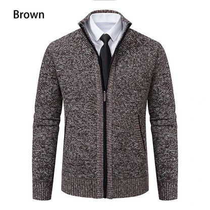 Front view of the brown marl zip cardigan with a stand collar and black zip 13