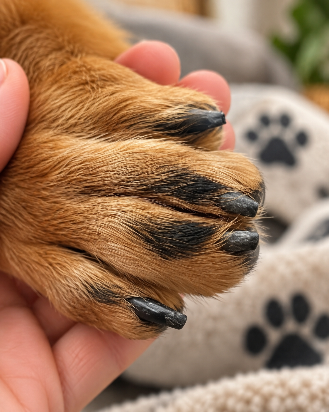 Close-up of a held paw showing short, smoothly filed dark nails after grinding 11