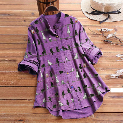 Autumnal women's blouse with cat motif & button placket – Kaja