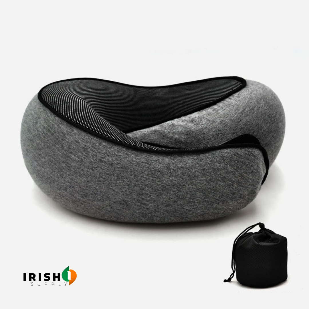 Darker grey pillow with black-edged striped mesh lining and no visible strap, shown with its black drawstring pouch. 11
