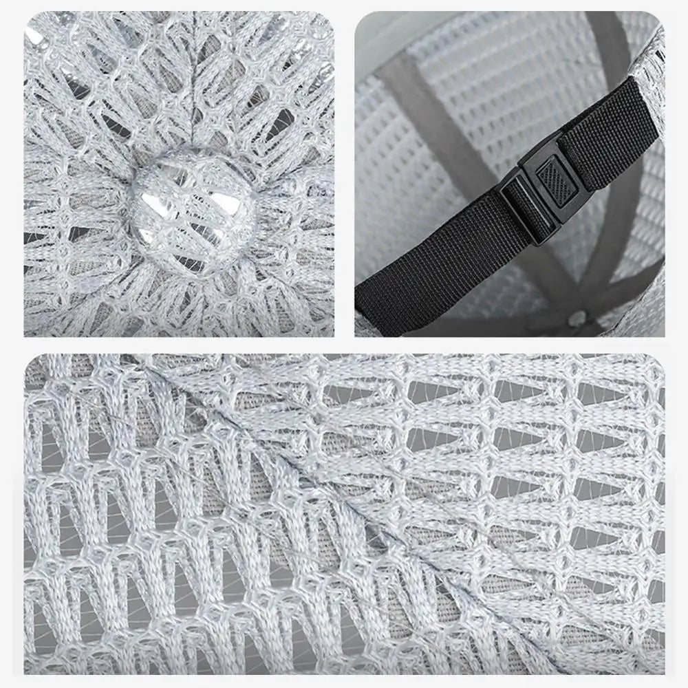 Close-up details of the grey cap's mesh weave, top button and black buckle strap 13