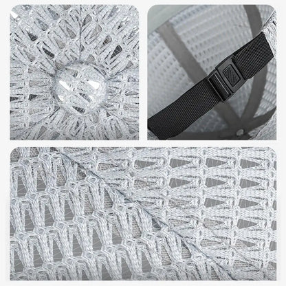 Close-up details of the grey cap's mesh weave, top button and black buckle strap 13