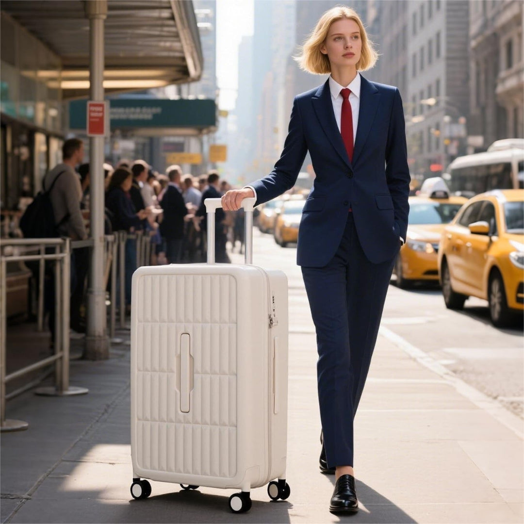 Airport-approved 55 cm hand luggage with a 30:70 split and a three-part polycarbonate hard shell.