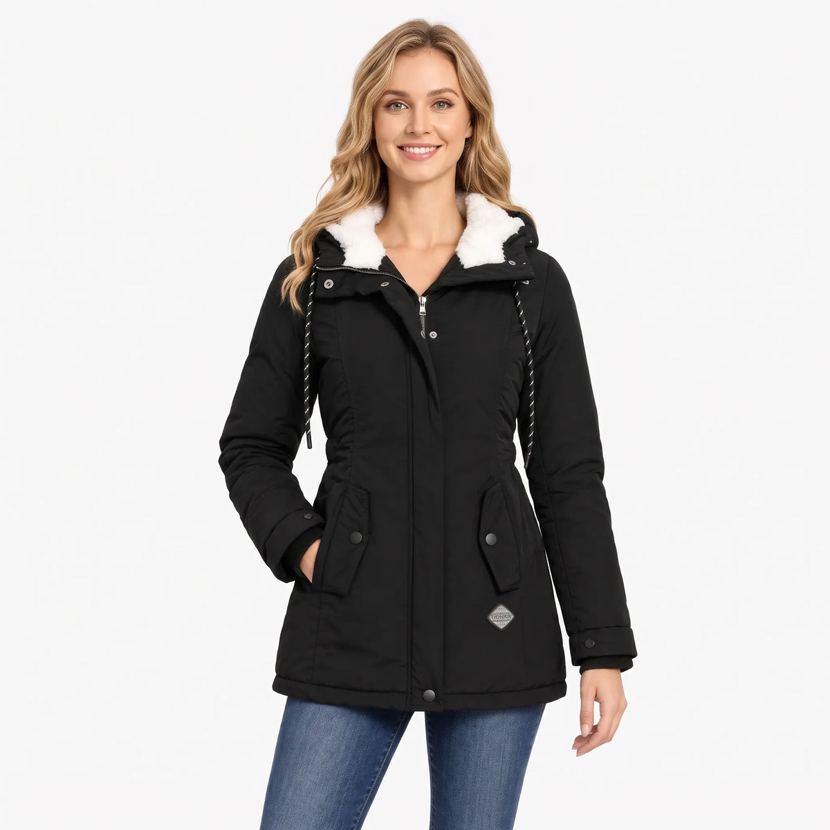 Smiling model in the black jacket, one hand in pocket, standing in jeans against a plain background 13