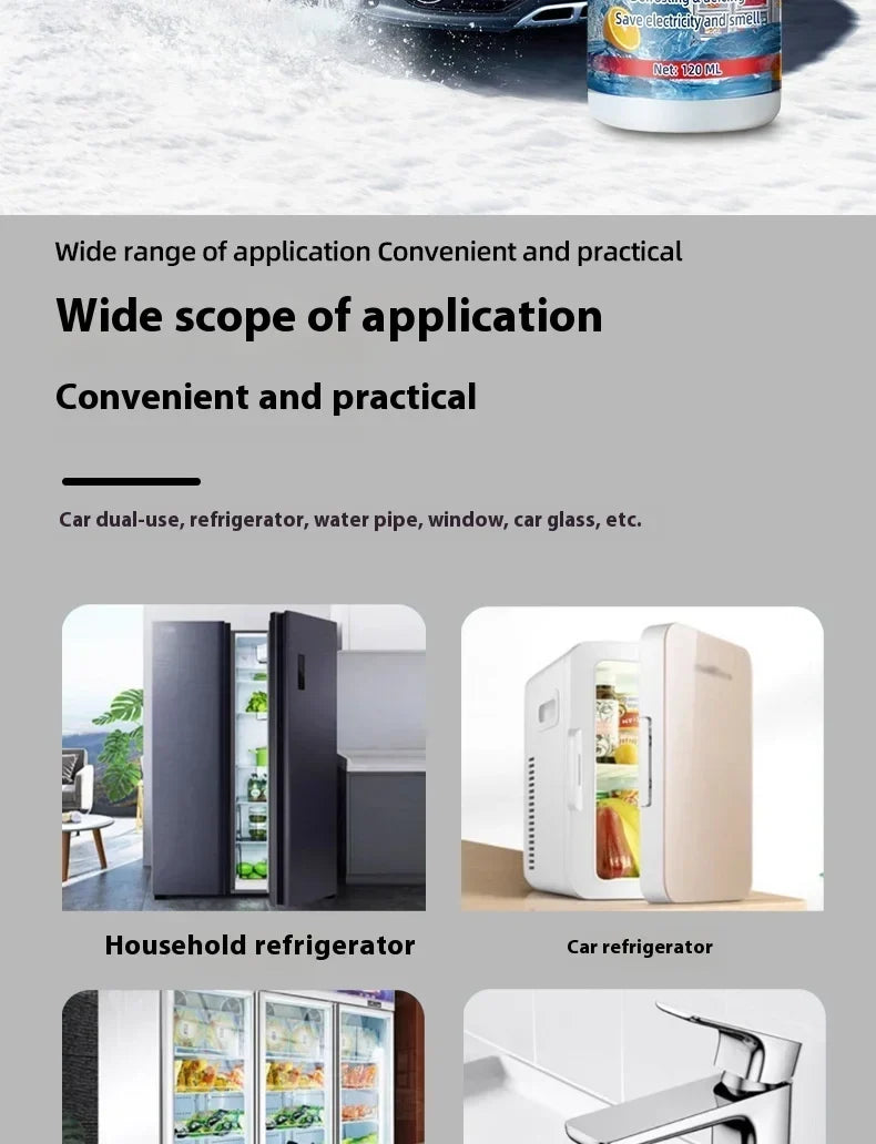 Base of the spray bottle above photos of a household fridge, small car fridge, freezer and tap 13