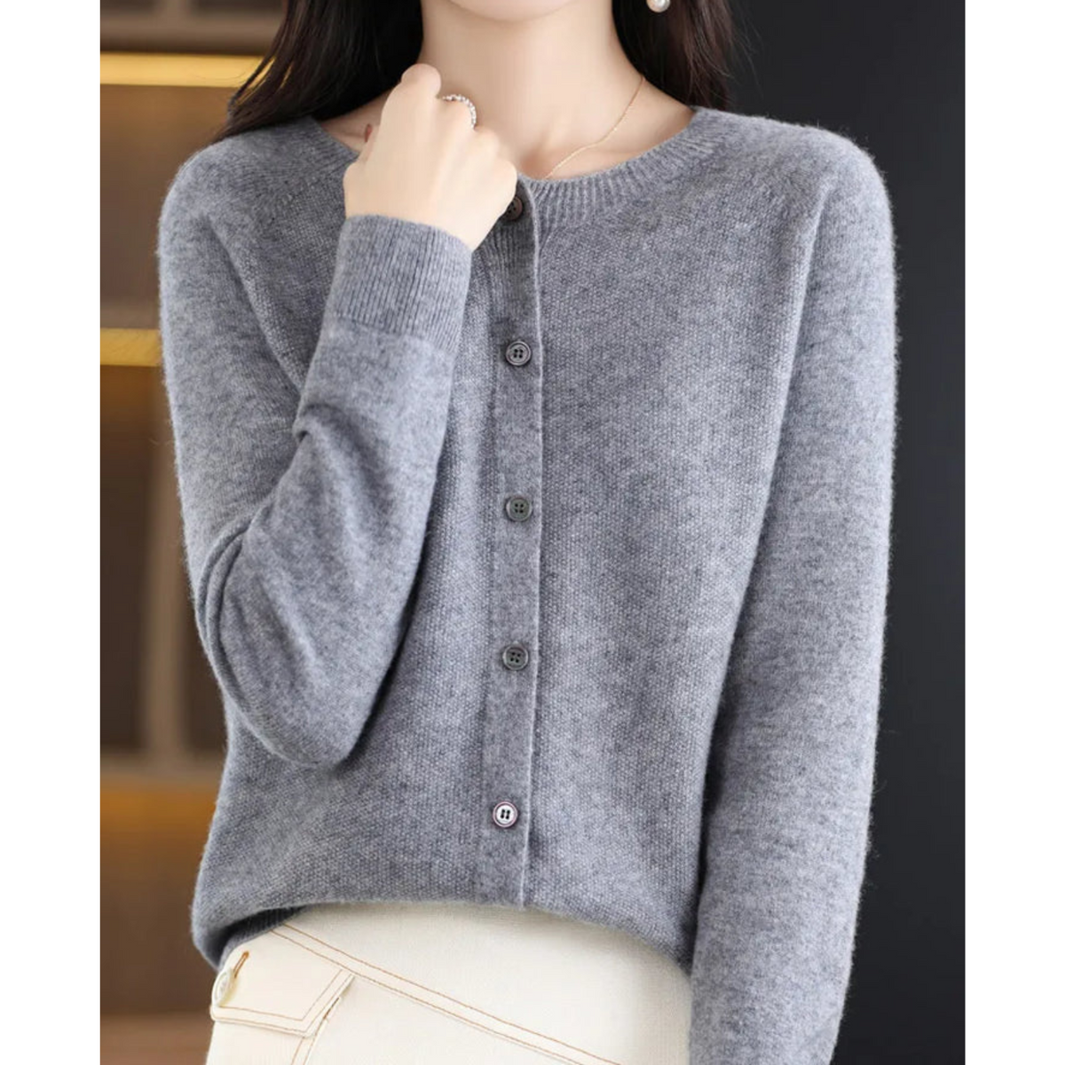 Merino Wool & Cashmere Cardigan for Women - Elegant O-Neck Winter Knit 7