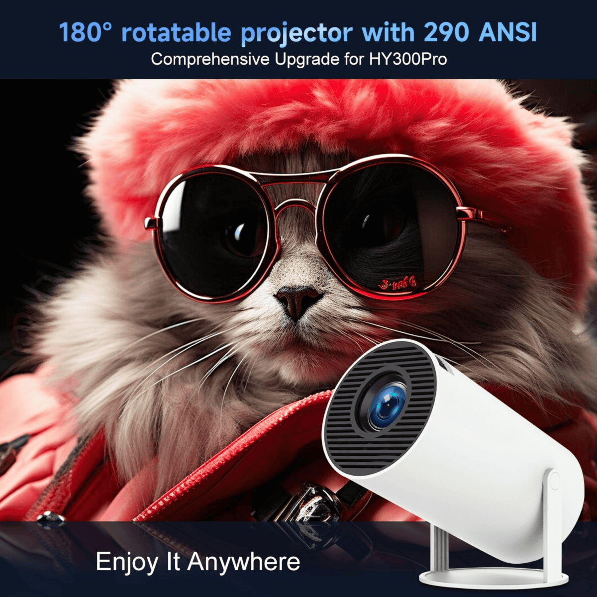 Projector in the foreground of a cat wearing red sunglasses and a fluffy red hat 5