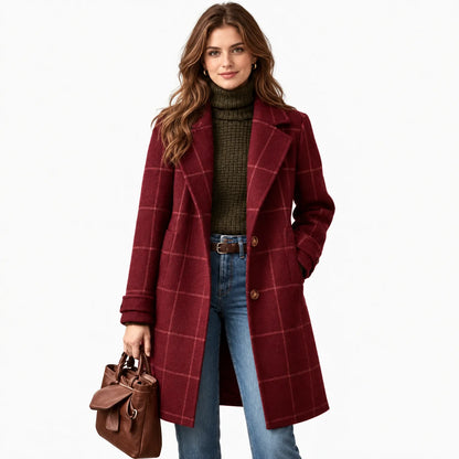 Model on a white background wears the burgundy checked coat with pink check lines, jeans and a leather bag 13