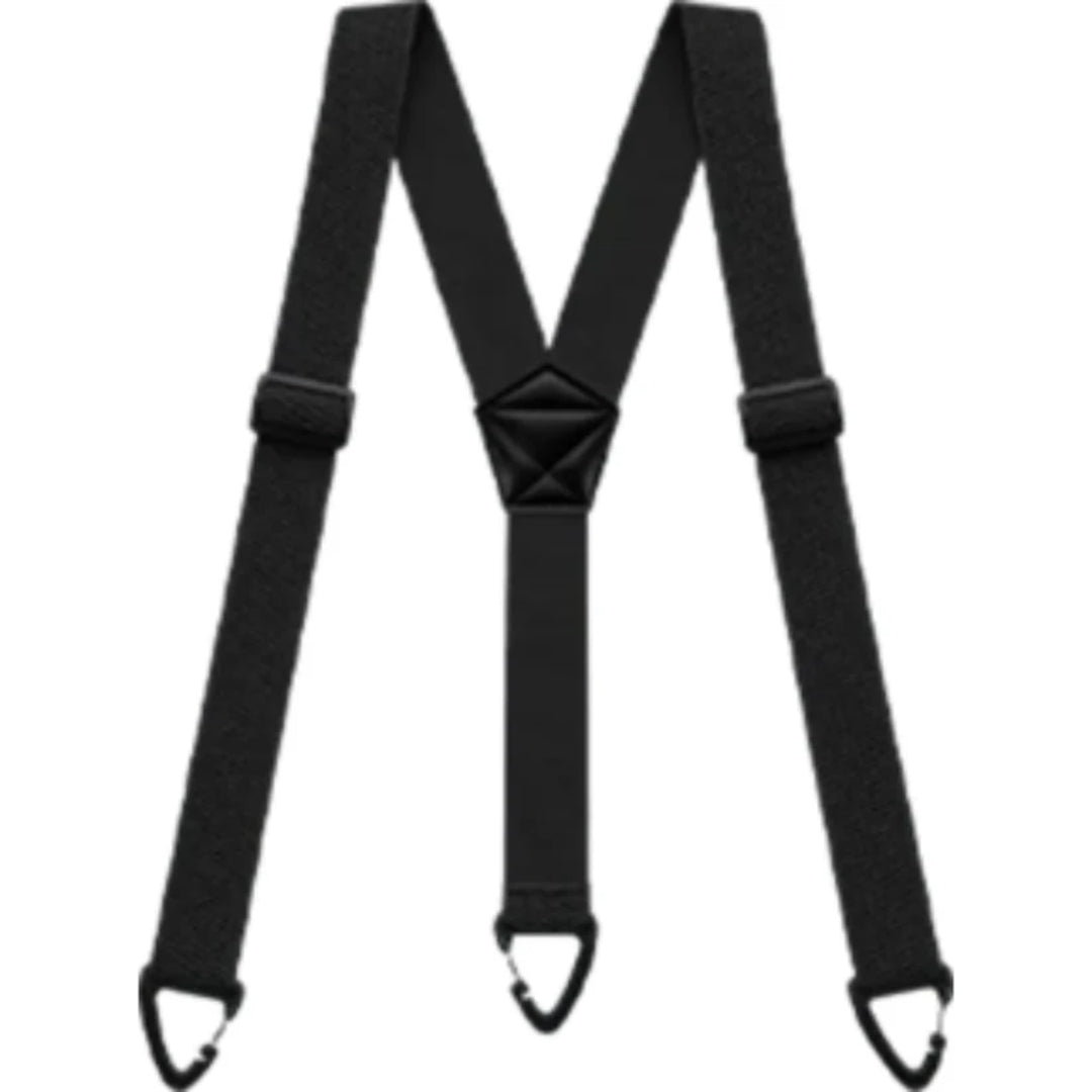 Black Y-back braces laid flat, with two shoulder straps joining one rear strap and three clips 2