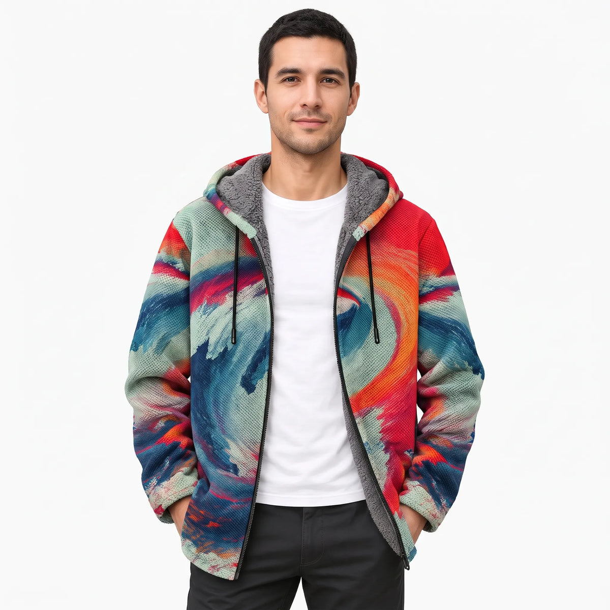 Model wearing the jacket open over a white tee, hands in pockets, in a blue, red and orange wave print 13