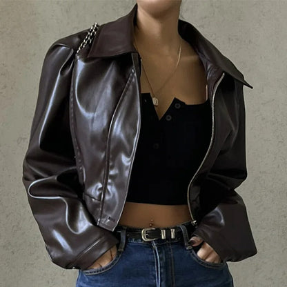 Women's brown PU leather autumn jacket with lapel collar – Rivka