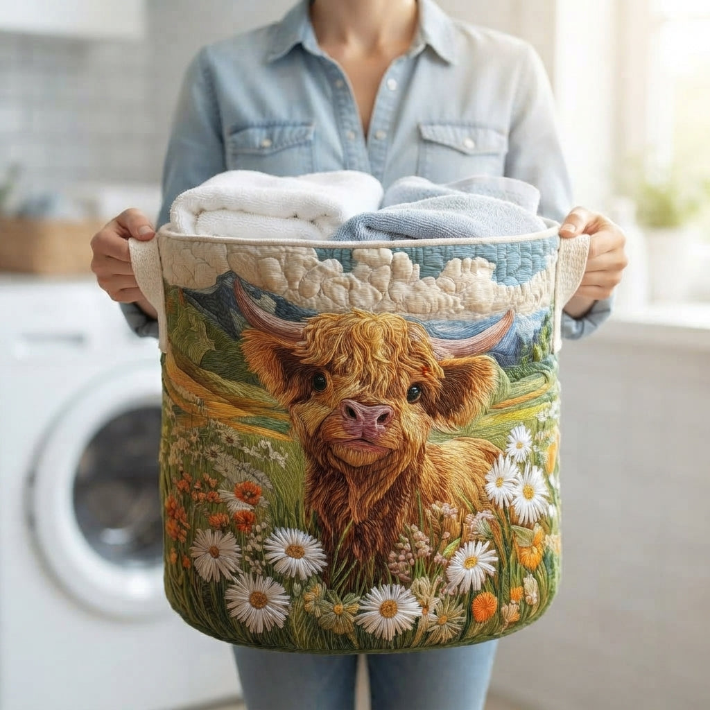 Person in a denim shirt carrying the basket by its handles, filled with folded towels, in front of a washing machine. 4