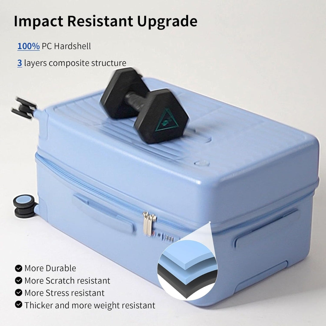 Airport-approved 55 cm hand luggage with a 30:70 split and a three-part polycarbonate hard shell.