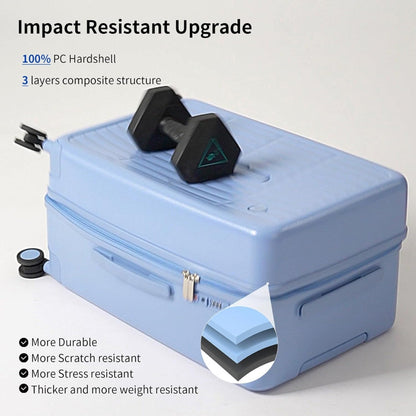 Airport-approved 55 cm hand luggage with a 30:70 split and a three-part polycarbonate hard shell.