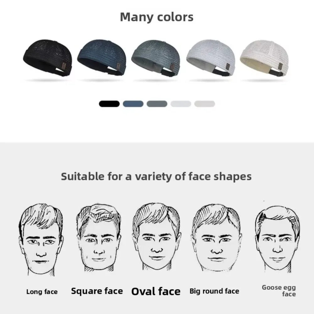 Five colour options in a row, with sketches of face shapes the cap suits 14