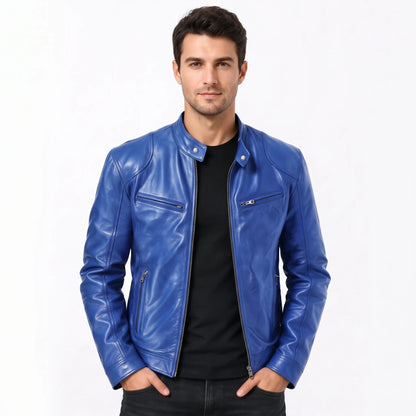 Model in a vivid blue leather biker jacket over a black t-shirt, hands in pockets 14