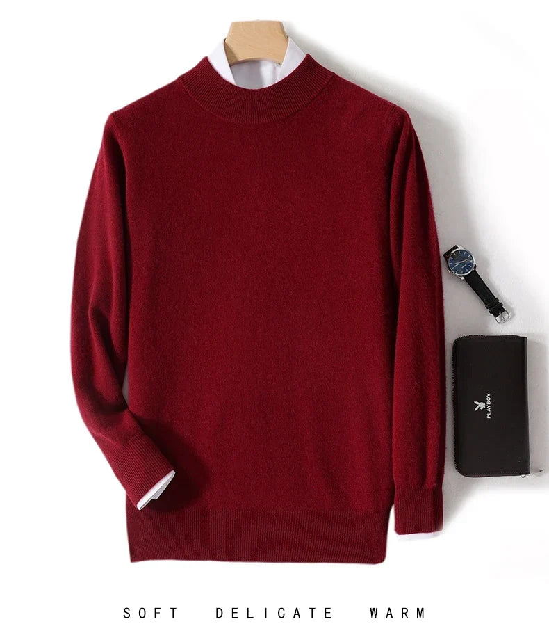 Burgundy red mock neck jumper on a hanger with white shirt layer, watch and black wallet 14