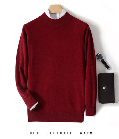 Burgundy red mock neck jumper on a hanger with white shirt layer, watch and black wallet 14