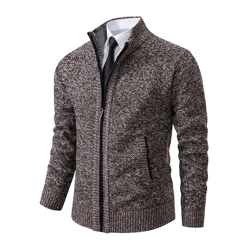 Brown marl zip cardigan at an angle, showing the speckled knit, side pocket and ribbed hem 14
