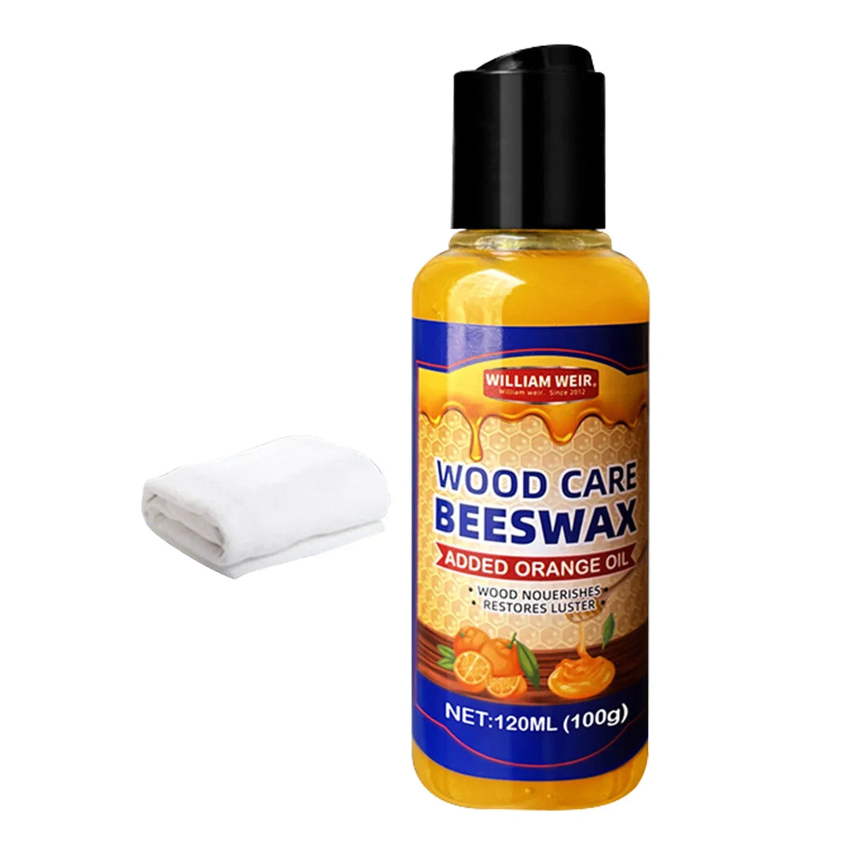 Single bottle on a plain white background with a small folded cloth beside it 14