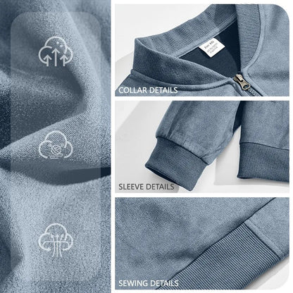 Light blue jacket with fabric, collar, sleeve and stitching detail panels and icons 14