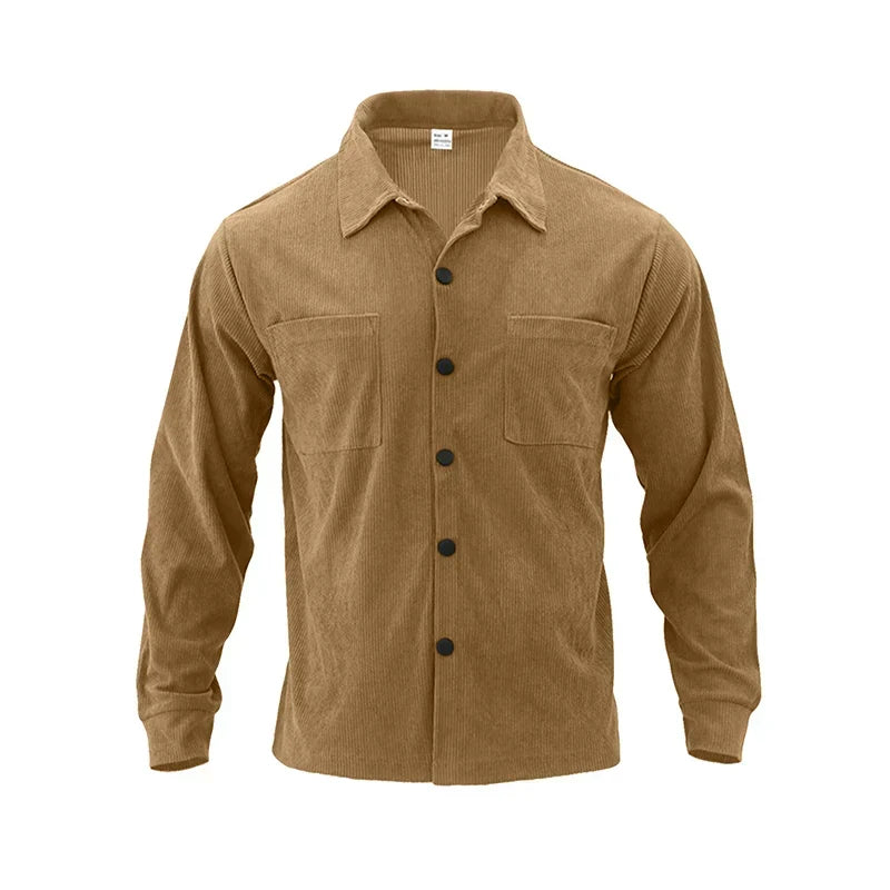 Tan ribbed long-sleeved shirt laid flat from the front with two chest pockets and black buttons 14