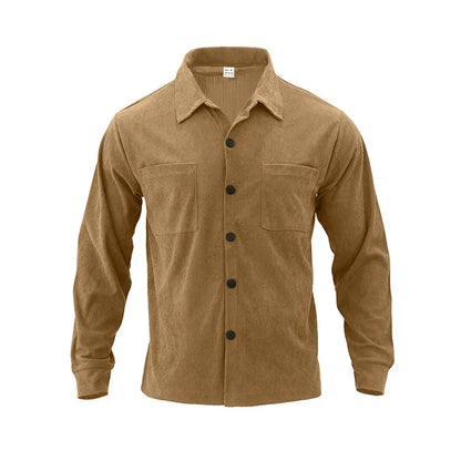 Tan ribbed long-sleeved shirt laid flat from the front with two chest pockets and black buttons 14