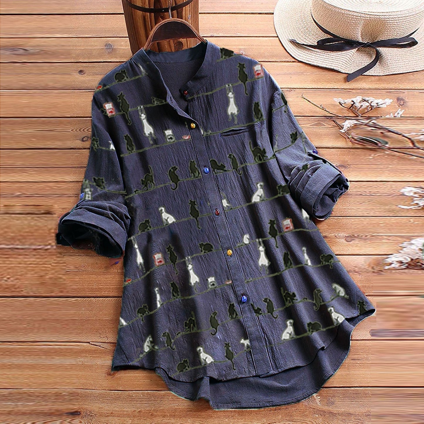 Autumnal women's blouse with cat motif & button placket – Kaja