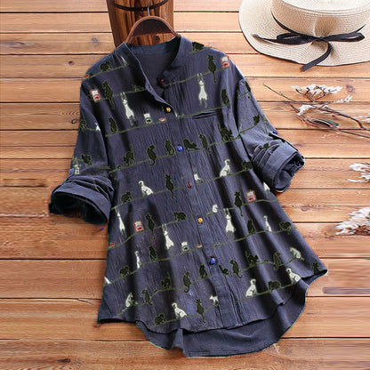 Autumnal women's blouse with cat motif & button placket – Kaja