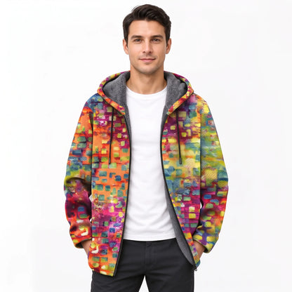 Model wearing the open jacket in a colourful mosaic square print, grey fleece lining visible in the hood 14