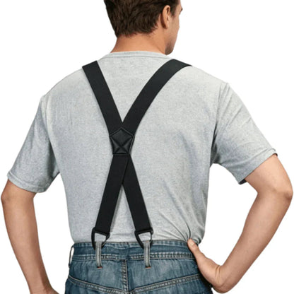 Back view of a man in a grey t-shirt wearing black X-back braces clipped to jeans 15