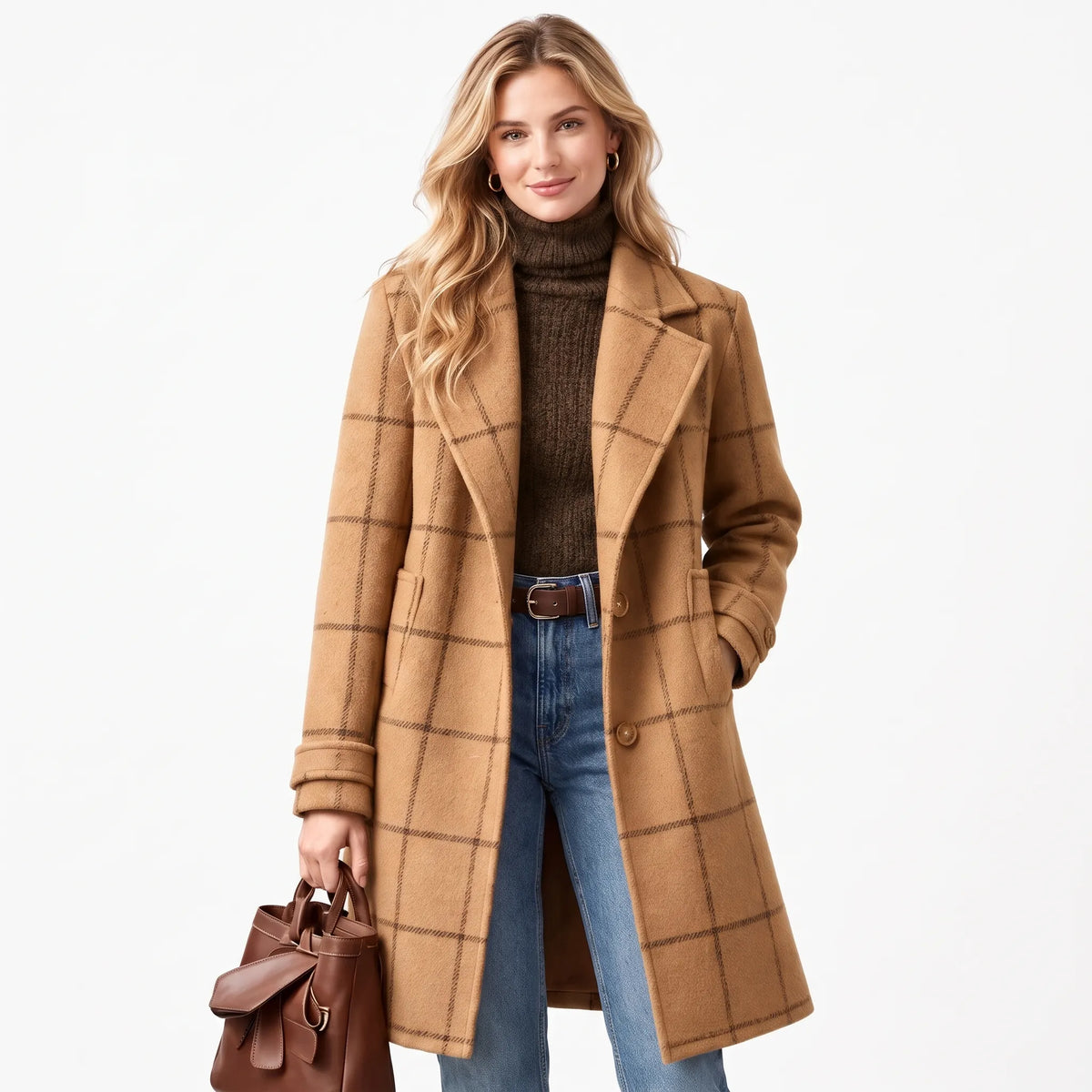 Blonde model on a white background wears the camel checked coat with a brown polo neck and jeans 14