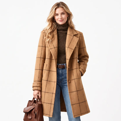 Blonde model on a white background wears the camel checked coat with a brown polo neck and jeans 14