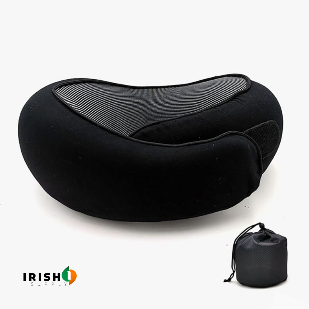 All-black version of the pillow with striped mesh lining and a hook-and-loop flap, shown with its black drawstring pouch. 14