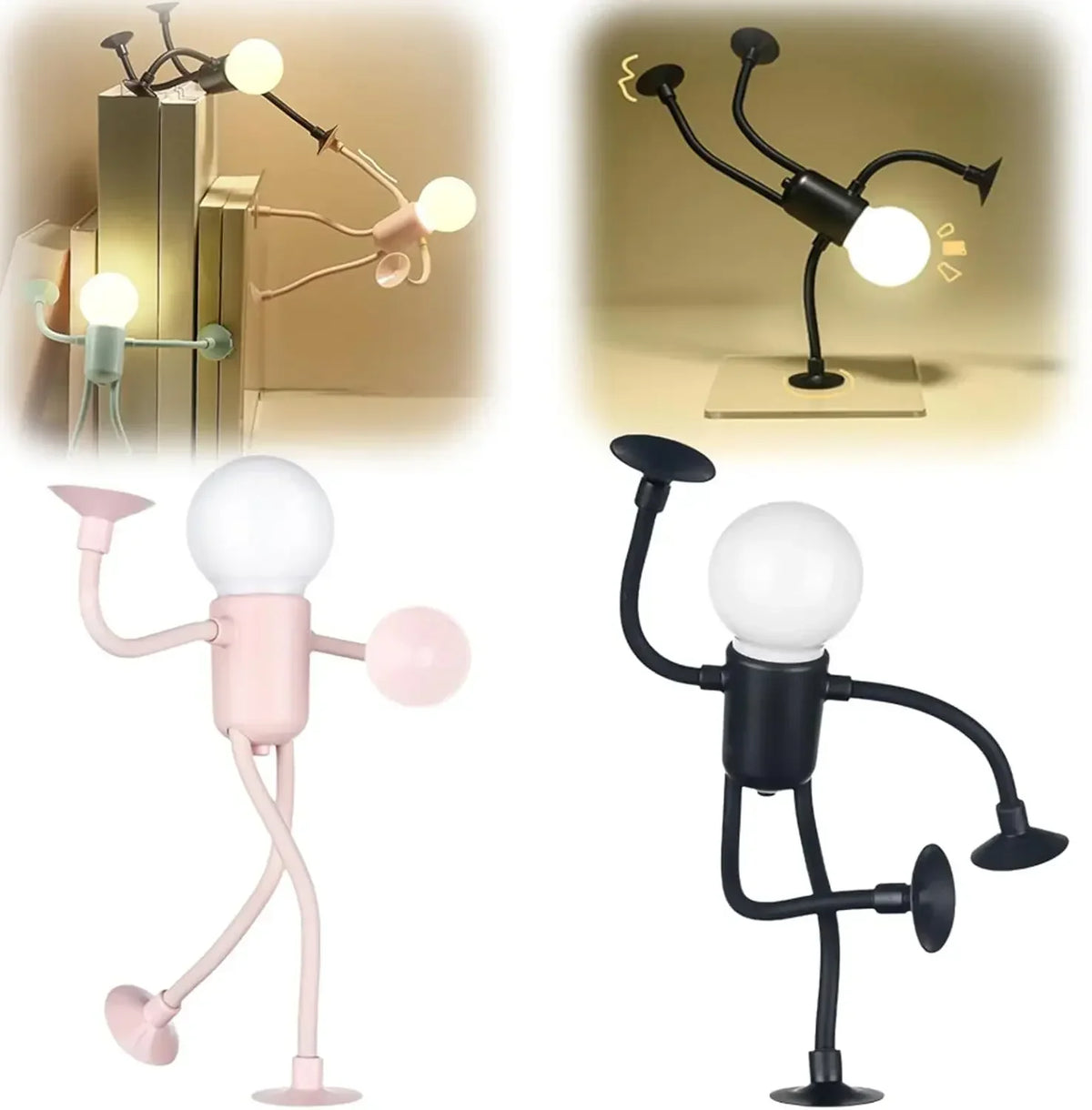 Pink and black figure lights standing upright below two small scenes of lights posed on books 14