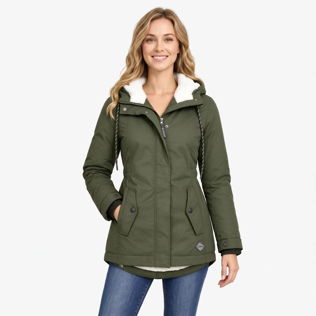 Model wears the dark green jacket with a curved hem, fleece-lined hood and flap pockets, with jeans 14
