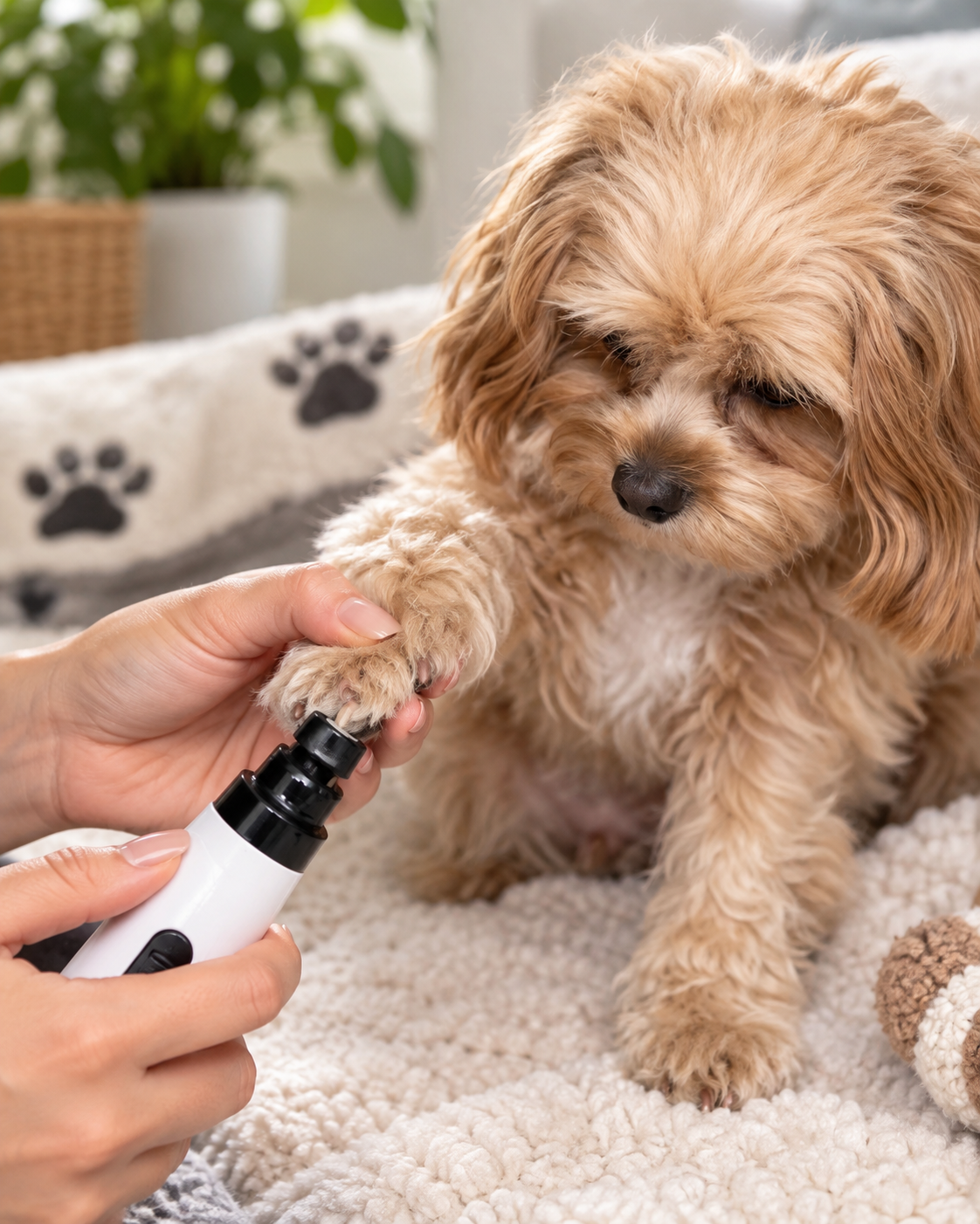Small fluffy dog sitting on a cream blanket while its paw is groomed with the grinder 12