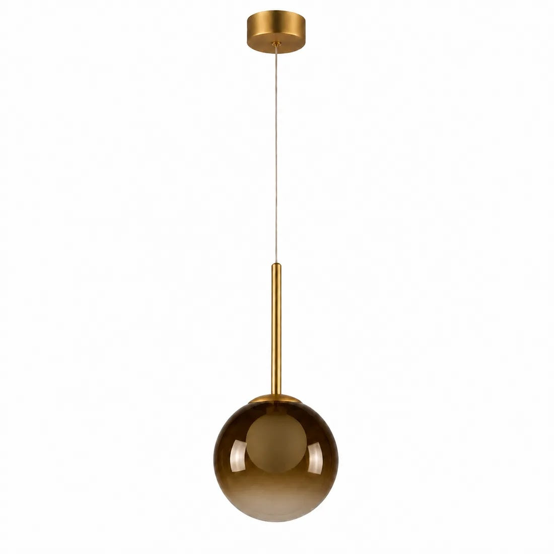 Amber glass globe pendant with brass stem and ceiling plate, unlit, on a plain white background 7